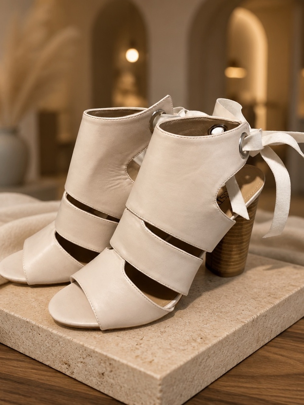 JustFab Cream Cutout Block Heel Sandals with Back Tie